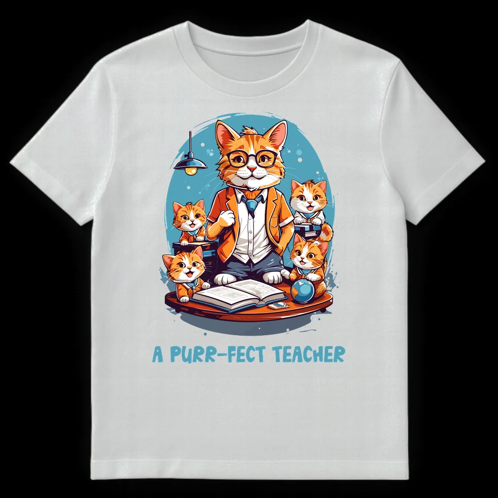 A PURR-FECT TEACHER t-shirt design with a cat teacher and kitten students in a classroom setting, featuring an open book, globe, and lamp on a desk with a blue circular background. on White t-shirt
