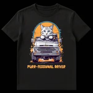 Purr-fessional Driver T-Shirt with a funny cat driving a vintage 4x4 truck illustration on Black t-shirt
