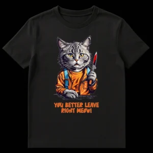 Funny cat t-shirt with a gray tabby holding a bloody knife and the text 'YOU BETTER LEAVE RIGHT MEOW!' in orange on Black t-shirt