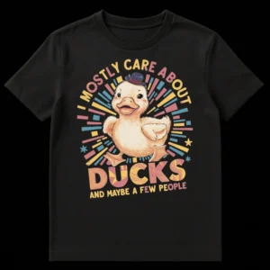 Cute retro cartoon duckling wearing a fedora with the text 'I MOSTLY CARE ABOUT DUCKS AND MAYBE A FEW PEOPLE' on a black t-shirt. on Black t-shirt