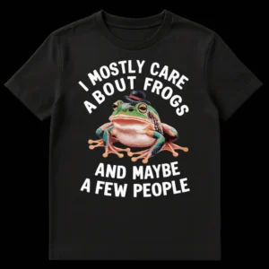 Humorous t-shirt with a detailed red-eyed tree frog wearing a fedora and the text 'I MOSTLY CARE ABOUT FROGS AND MAYBE A FEW PEOPLE'. on Black t-shirt