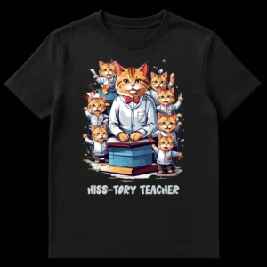 HISS-TORY TEACHER t-shirt design showing a large ginger cat professor with a bow tie and lab coat teaching smaller kitten students surrounded by books on a black background. on Black t-shirt