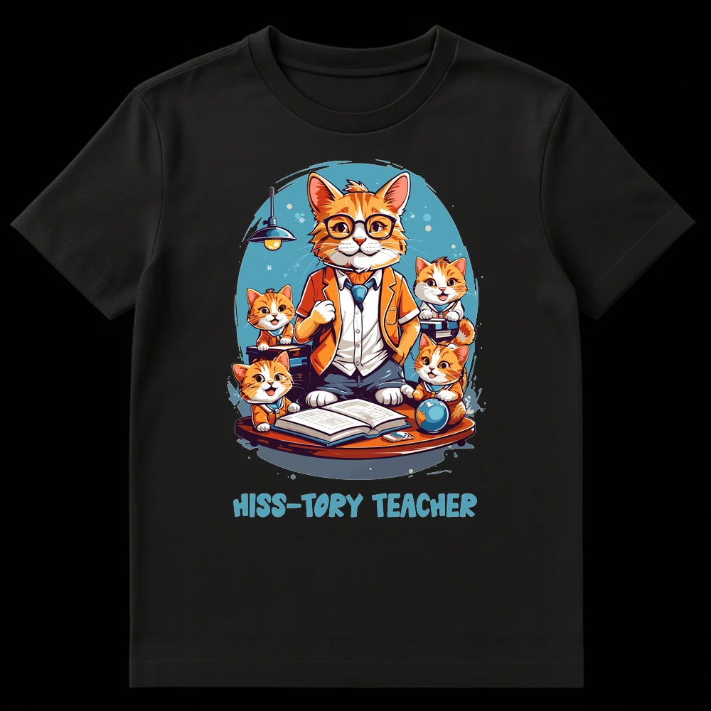 HISS-TORY TEACHER t-shirt design featuring an anthropomorphic orange tabby cat professor with glasses and tie, teaching four small kitten students in a classroom with books and a globe. on Black t-shirt