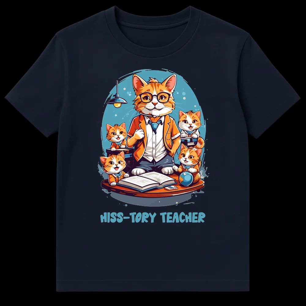 HISS-TORY TEACHER t-shirt design featuring an anthropomorphic orange tabby cat professor with glasses and tie, teaching four small kitten students in a classroom with books and a globe. on Navy Blue t-shirt