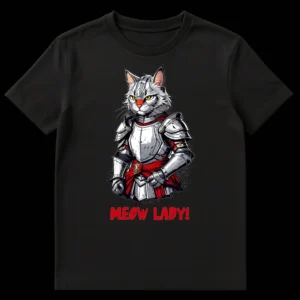 Detailed graphic of a white and gray armored cat knight with yellow eyes and red accents, with 'MEOW LADY!' text in red above it, on a black background. on Black t-shirt