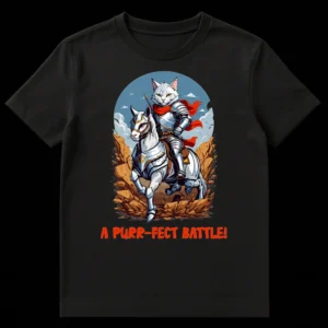 A 'A PURR-FECT BATTLE!' t-shirt design showing an armored cat knight on a horse in a fantasy setting on Black t-shirt