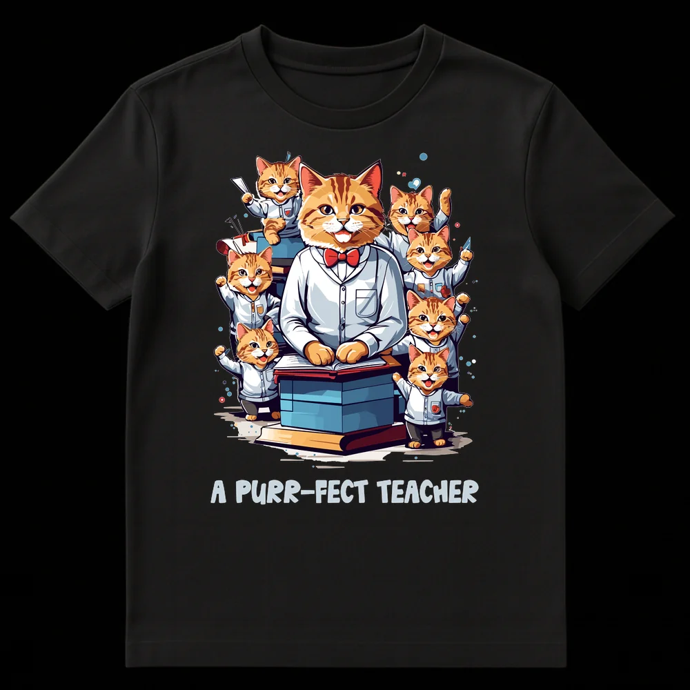 A Purr-fect Teacher T-Shirt with a cat professor and kitten students in a classroom setting with books on Black t-shirt