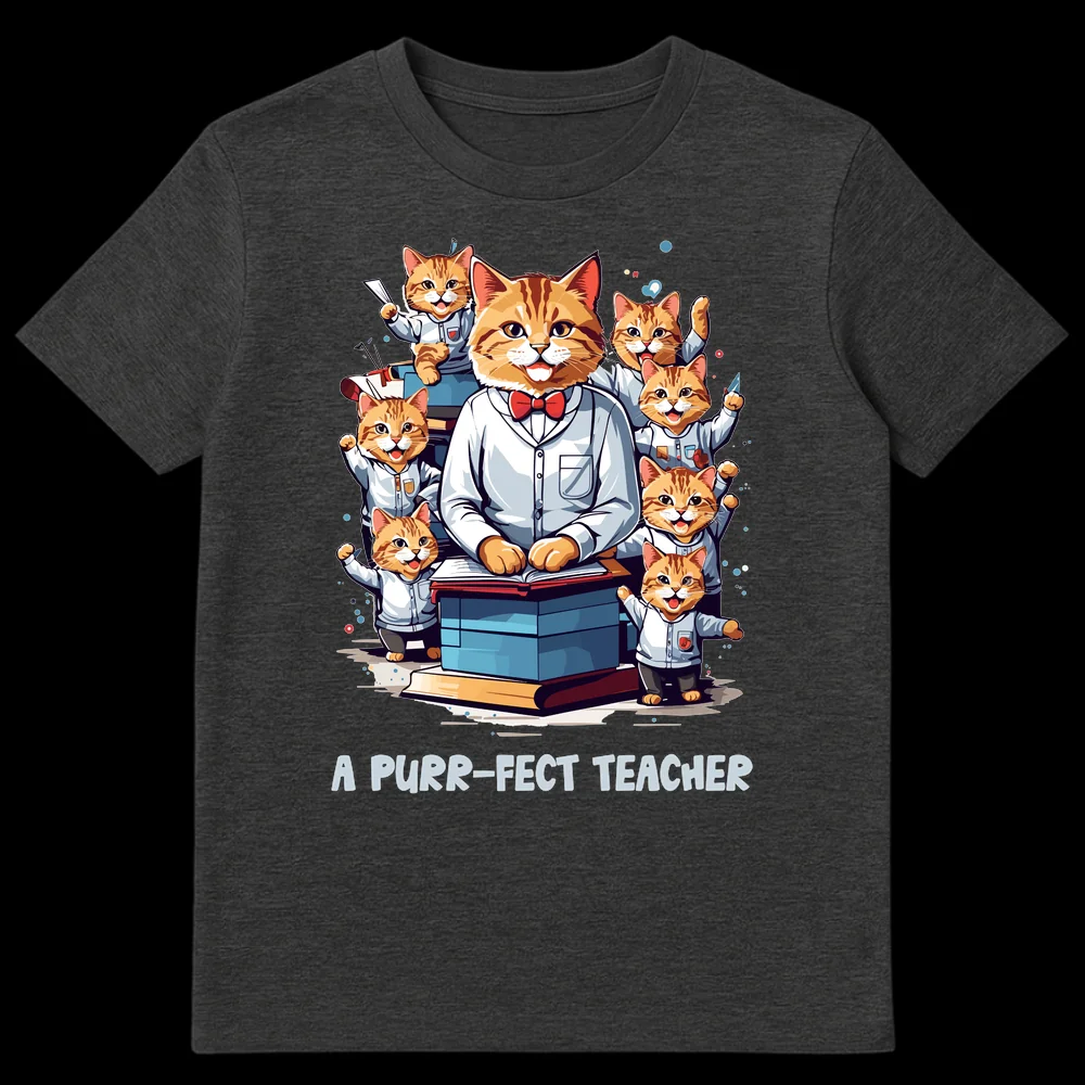 A Purr-fect Teacher T-Shirt with a cat professor and kitten students in a classroom setting with books on Dark Heather t-shirt