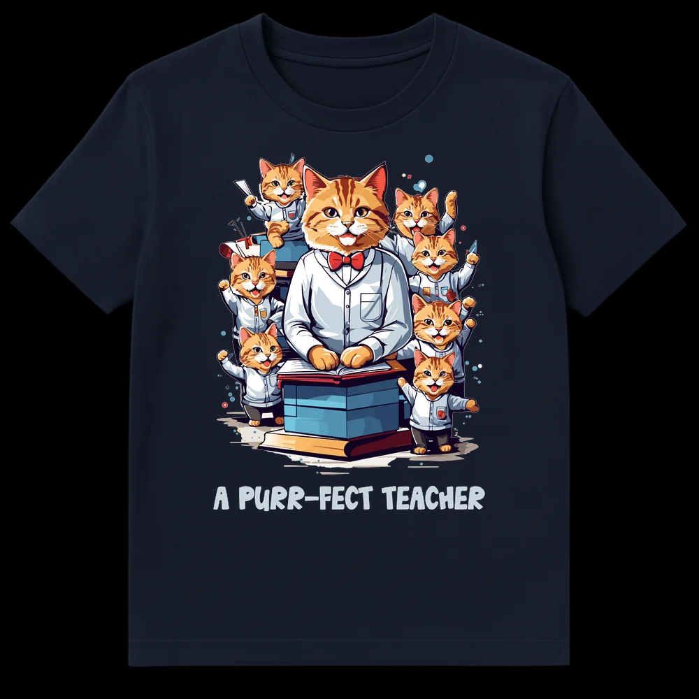 A Purr-fect Teacher T-Shirt with a cat professor and kitten students in a classroom setting with books on Navy Blue t-shirt