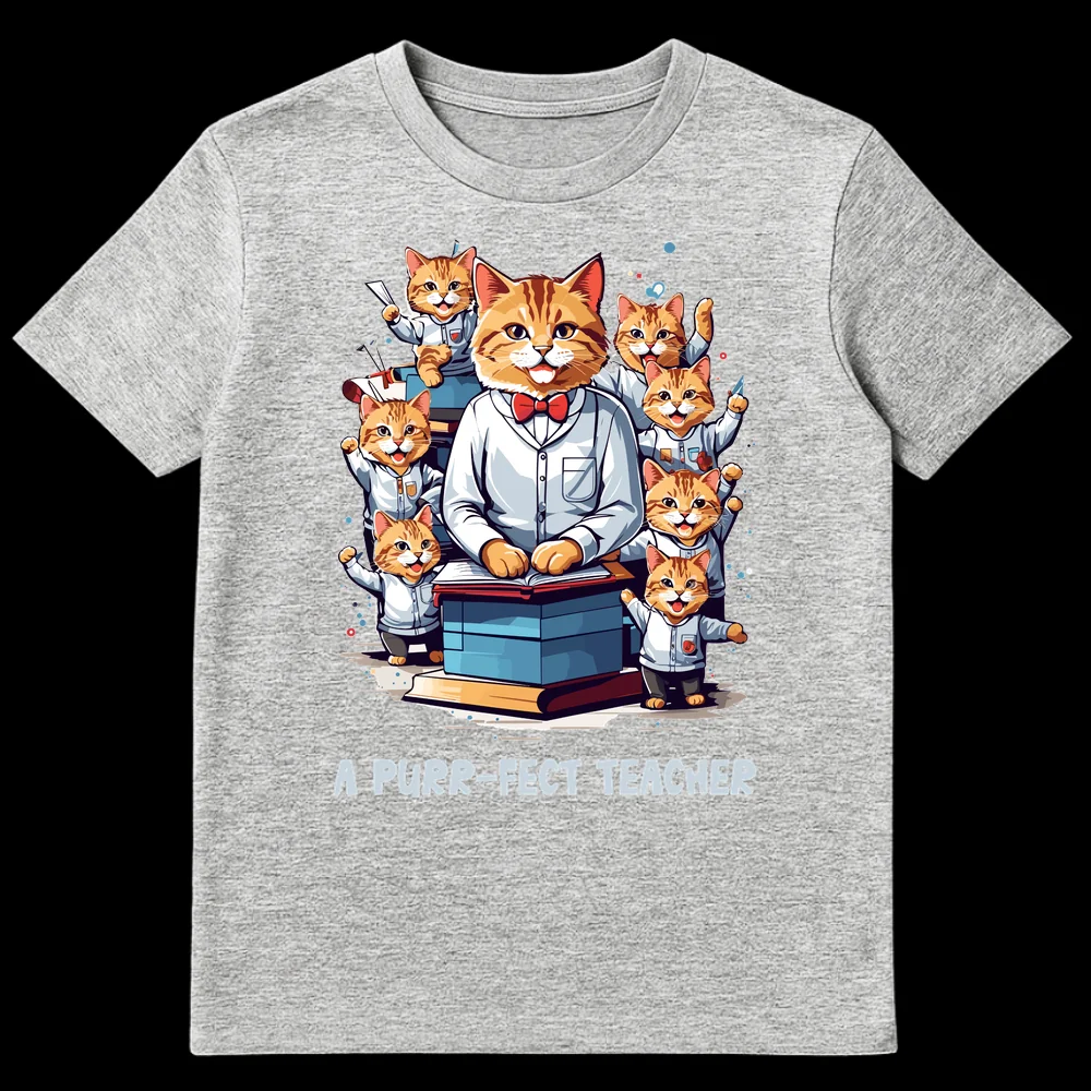 A Purr-fect Teacher T-Shirt with a cat professor and kitten students in a classroom setting with books on Sports Grey t-shirt