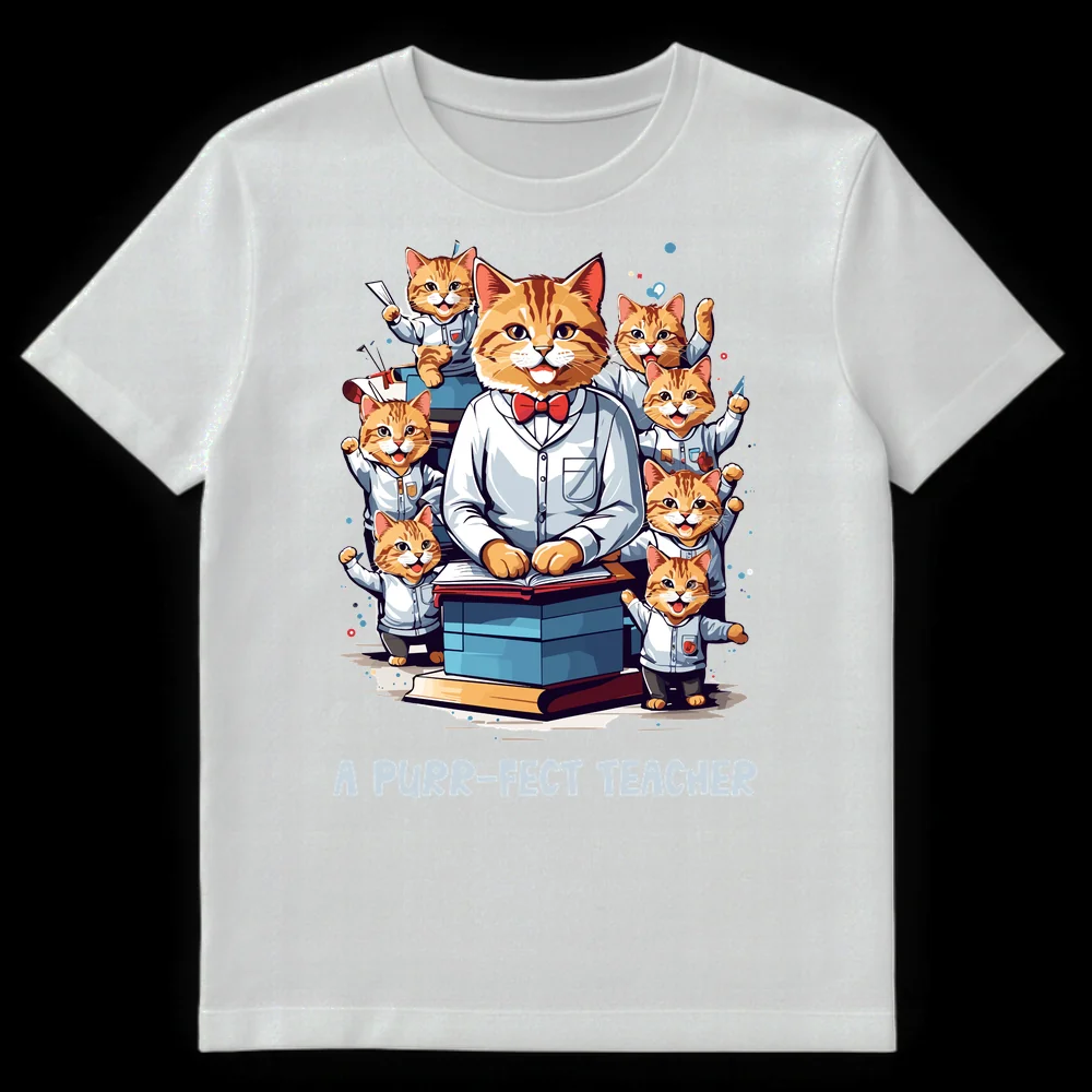 A Purr-fect Teacher T-Shirt with a cat professor and kitten students in a classroom setting with books on White t-shirt