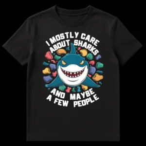 Cartoon shark t-shirt with text 'I MOSTLY CARE ABOUT SHARKS AND MAYBE A FEW PEOPLE' and colorful climbing holds on Black t-shirt