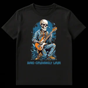 Skeleton rock musician playing electric guitar with text BONE-CRUSHINGLY LOUD! on a t-shirt on Black t-shirt