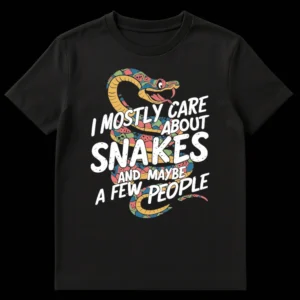 I Mostly Care About Snakes and Maybe a Few People t-shirt with colorful cartoon snake design on Black t-shirt