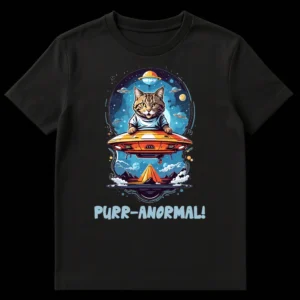 Cat piloting a UFO t-shirt with text 'PURR-ANORMAL!' in a cosmic landscape with planets and a pyramid. on Black t-shirt