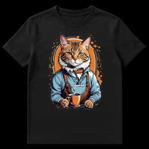 T-shirt featuring a detailed illustration of an anthropomorphic tabby cat barista wearing a blue shirt, suspenders, and an apron, holding a steaming coffee mug against an orange background. on Black t-shirt