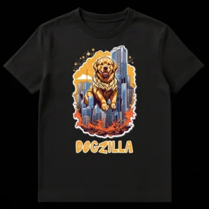 DOGZILLA t-shirt featuring a giant friendly Golden Retriever towering over a city with explosions, parodying Godzilla on Black t-shirt