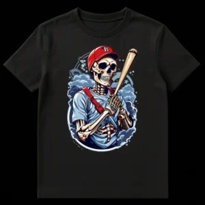 Detailed graphic of a skeleton wearing a light blue t-shirt, a red baseball cap with an 'R', and holding a wooden baseball bat. Dynamic background elements are visible. on Black t-shirt