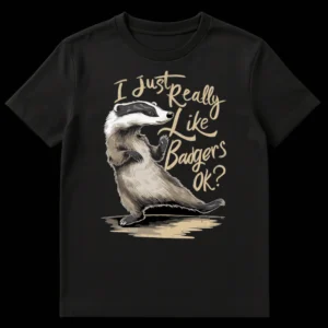 T-shirt with an illustrated badger and text "I just Really Like Badgers OK?" on a black background on Black t-shirt