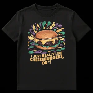 Black t-shirt with a vibrant, illustrated cheeseburger and the text 'I JUST REALLY LIKE CHEESEBURGERS, OK??' in orange. on Black t-shirt