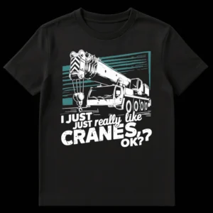 Black t-shirt with white graphic illustration of a mobile crane and text 'I JUST JUST really like CRANES, OK?' with teal accents. on Black t-shirt