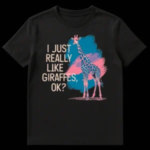 I Just Really Like Giraffes OK? T-Shirt featuring a pink and teal graphic giraffe on a black tee on Black t-shirt