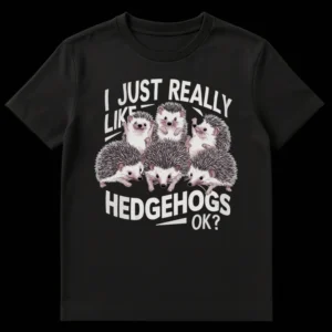 Black t-shirt with a cluster of cute, realistic hedgehogs and the text 'I JUST REALLY LIKE HEDGEHOGS OK?' in light gray. on Black t-shirt
