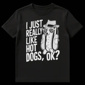 Funny black t-shirt with a cool hot dog character wearing a fedora and sunglasses and the text 'I JUST REALLY LIKE HOT DOGS, OK?' in white, distressed font. on Black t-shirt