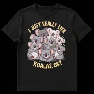 Black t-shirt with a design of multiple stacked cartoon koalas and the text "I JUST REALLY LIKE KOALAS, OK?" on Black t-shirt