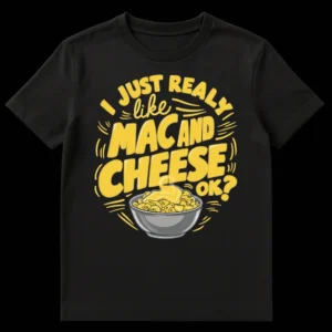 Humorous t-shirt design with a stylized bowl of macaroni and cheese and the text "I JUST REALLY like MAC AND CHEESE OK?". on Black t-shirt