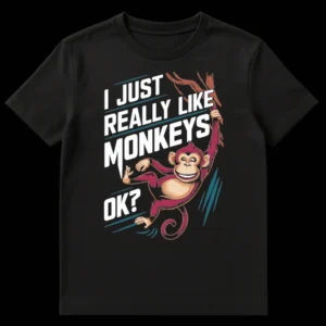 I Just Really Like Monkeys OK? T-Shirt featuring a smiling magenta cartoon monkey swinging from a branch on a black background with white text and teal accents. on Black t-shirt