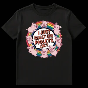 T-shirt with cartoon piglets on a rainbow and text 'I JUST REALLY LIKE PIGLETS, OK?' on Black t-shirt