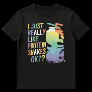 Humorous 'I JUST REALLY LIKE PROTEIN SHAKES OK??' t-shirt with a colorful, whimsical protein shake illustration and pastel typography on a black background, perfect for fitness enthusiasts. on Black t-shirt