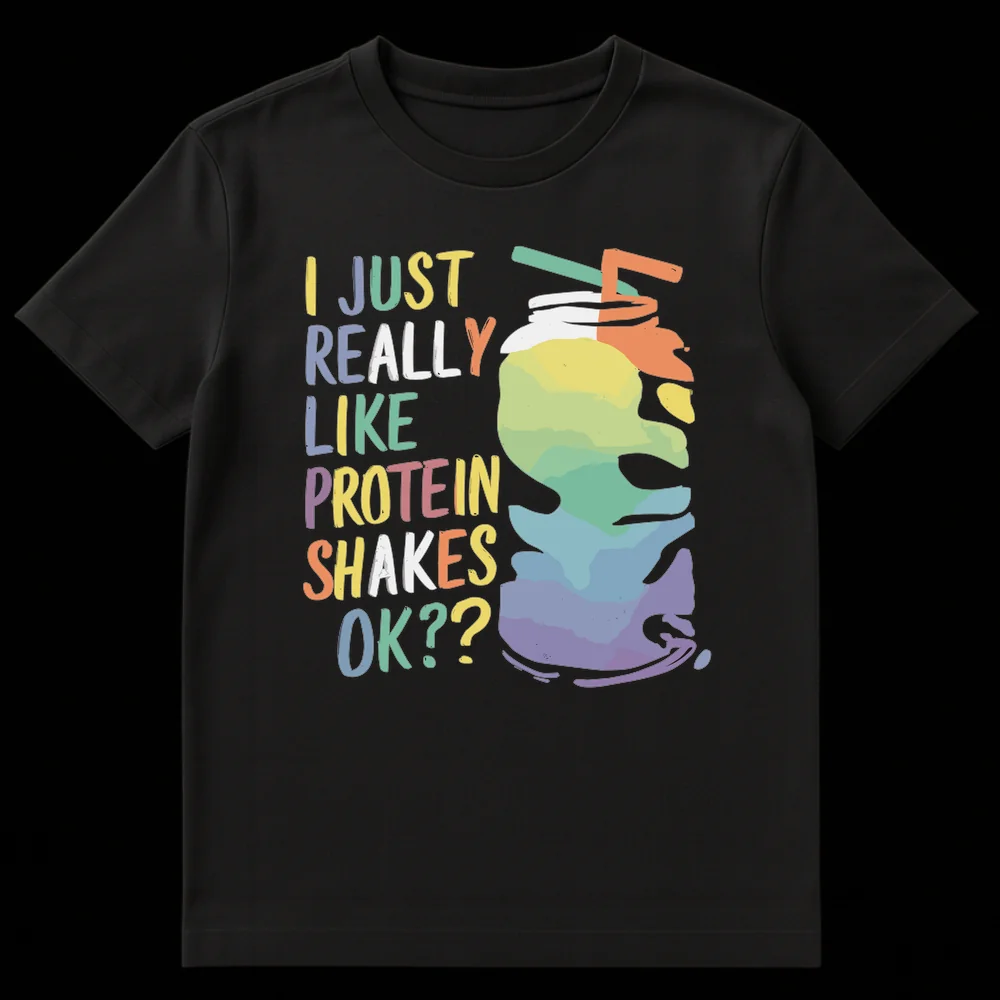 Humorous 'I JUST REALLY LIKE PROTEIN SHAKES OK??' t-shirt with a colorful, whimsical protein shake illustration and pastel typography on a black background, perfect for fitness enthusiasts. on Black t-shirt