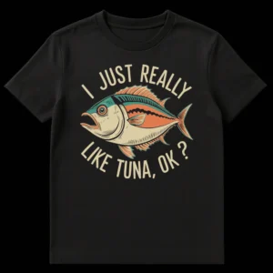 Vintage tuna fish t-shirt with 'I JUST REALLY LIKE TUNA, OK ?' text on Black t-shirt