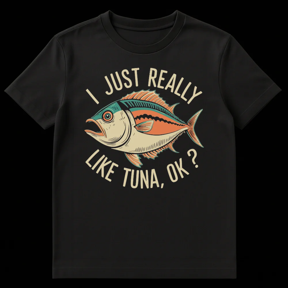 Vintage tuna fish t-shirt with 'I JUST REALLY LIKE TUNA, OK ?' text on Black t-shirt