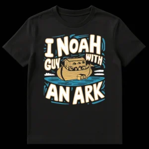 I Noah Guy With An Ark t-shirt with cartoon Noah's Ark, animals, and waves on a black background on Black t-shirt