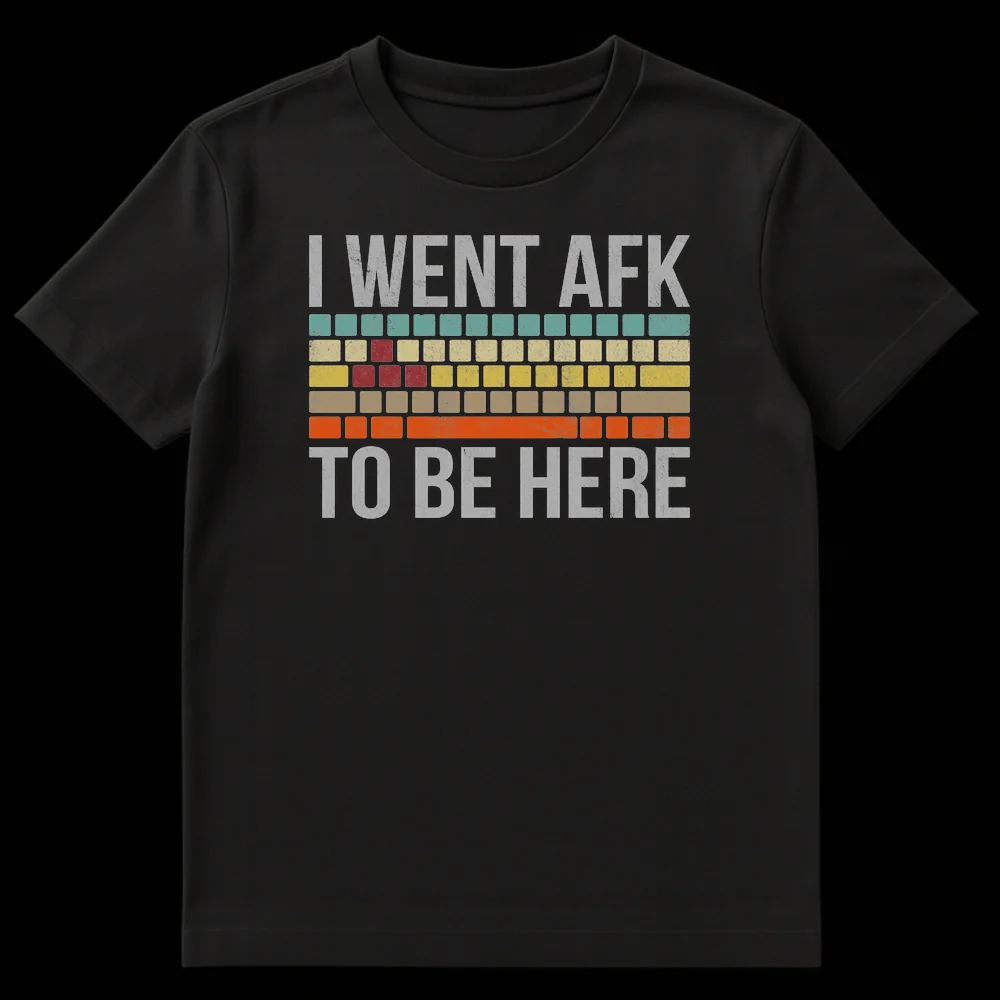 I WENT AFK TO BE HERE t-shirt with distressed text and a retro keyboard graphic in muted colors against a black background. on Black t-shirt