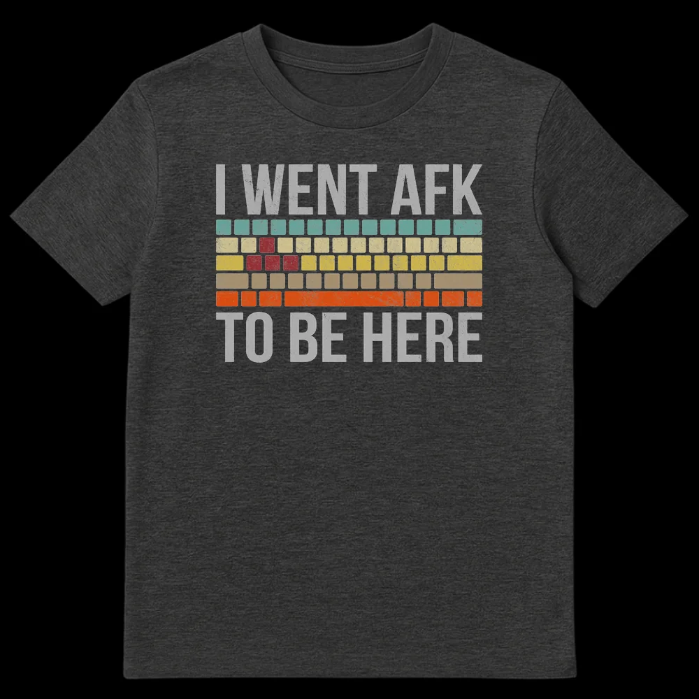 I WENT AFK TO BE HERE t-shirt with distressed text and a retro keyboard graphic in muted colors against a black background. on Dark Heather t-shirt