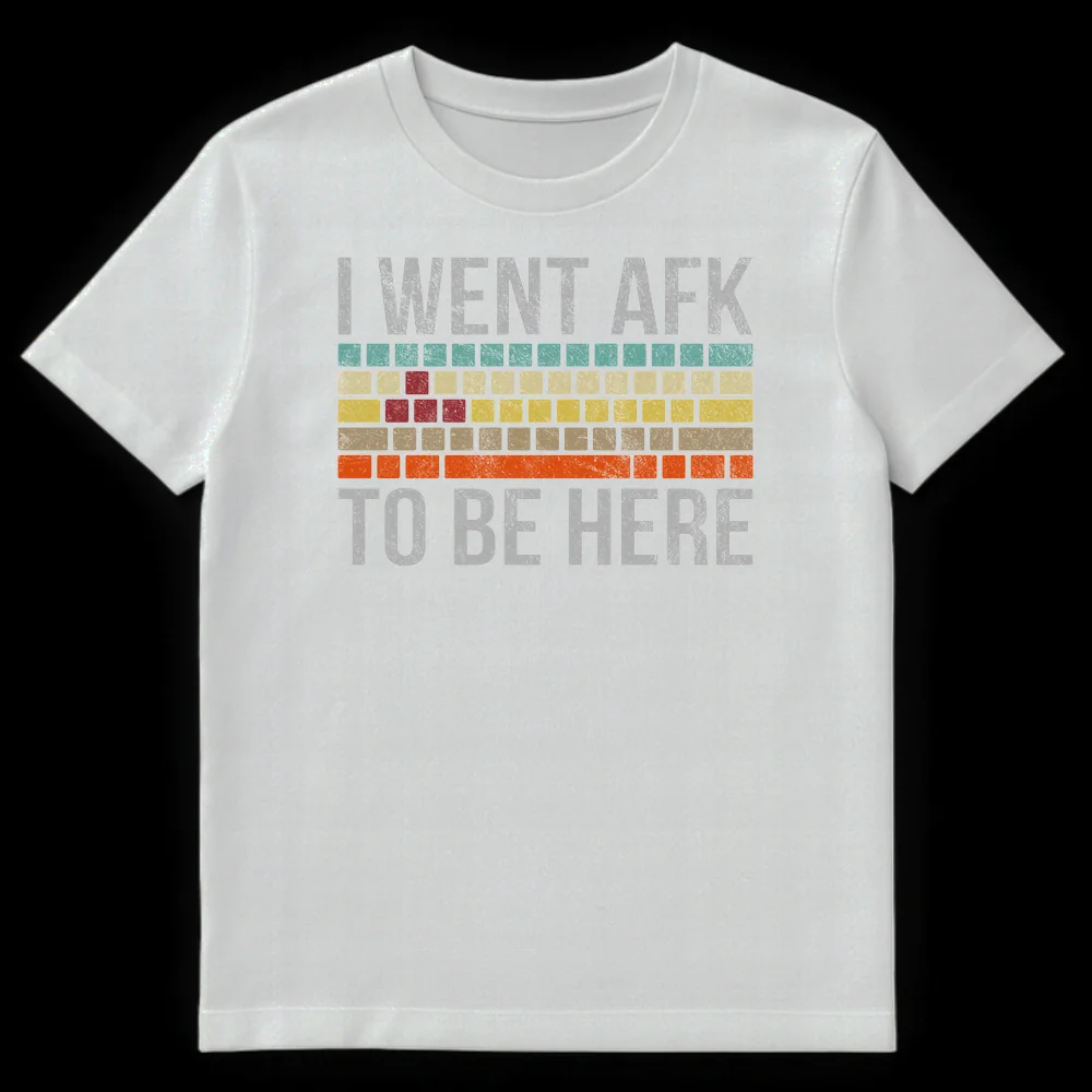 I WENT AFK TO BE HERE t-shirt with distressed text and a retro keyboard graphic in muted colors against a black background. on White t-shirt