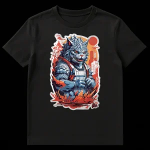 Kaiju Catzilla T-Shirt design showing a giant spiky cat monster attacking a Japanese city under a red sun on Black t-shirt