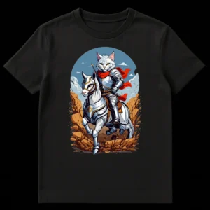 White anthropomorphic cat knight in silver armor with a red cape, riding a white horse in armor, against a rocky fantasy landscape. on Black t-shirt
