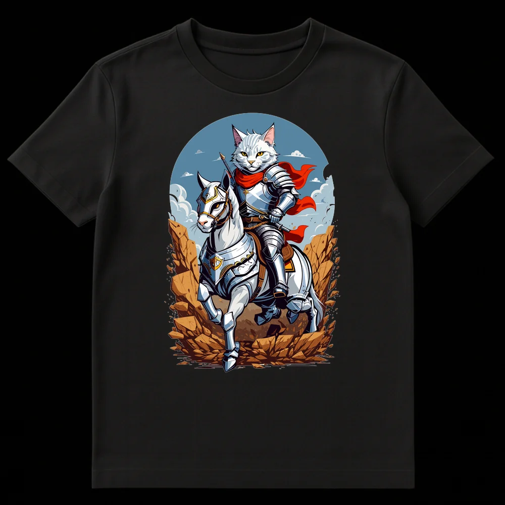 White anthropomorphic cat knight in silver armor with a red cape, riding a white horse in armor, against a rocky fantasy landscape. on Black t-shirt
