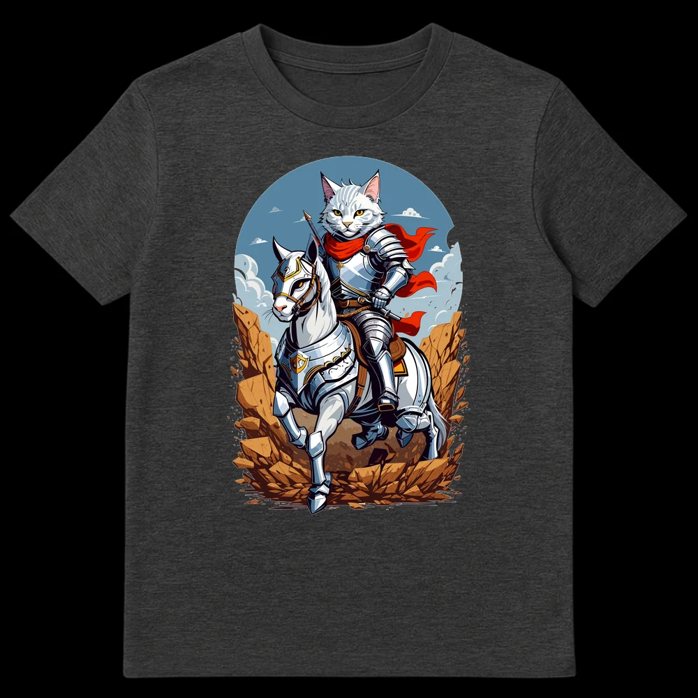 White anthropomorphic cat knight in silver armor with a red cape, riding a white horse in armor, against a rocky fantasy landscape. on Dark Heather t-shirt