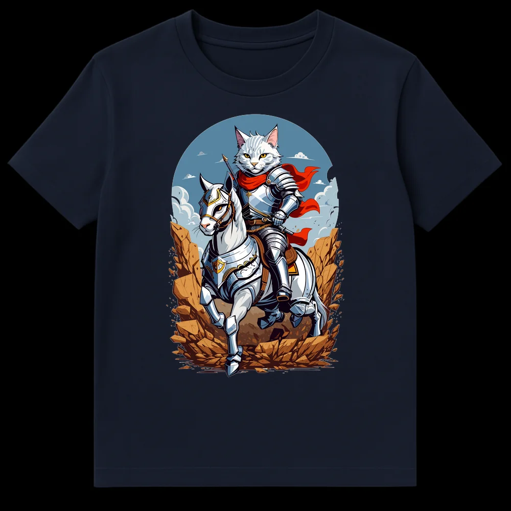 White anthropomorphic cat knight in silver armor with a red cape, riding a white horse in armor, against a rocky fantasy landscape. on Navy Blue t-shirt