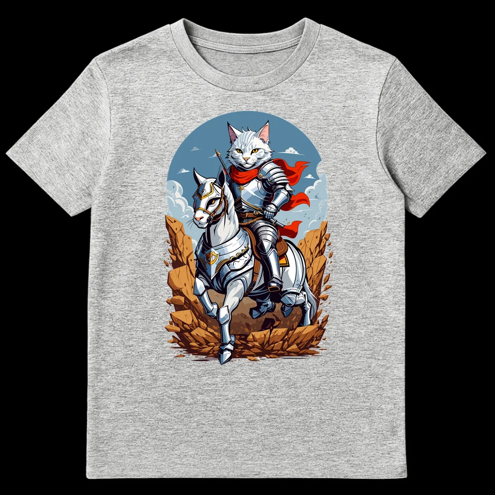 White anthropomorphic cat knight in silver armor with a red cape, riding a white horse in armor, against a rocky fantasy landscape. on Sports Grey t-shirt
