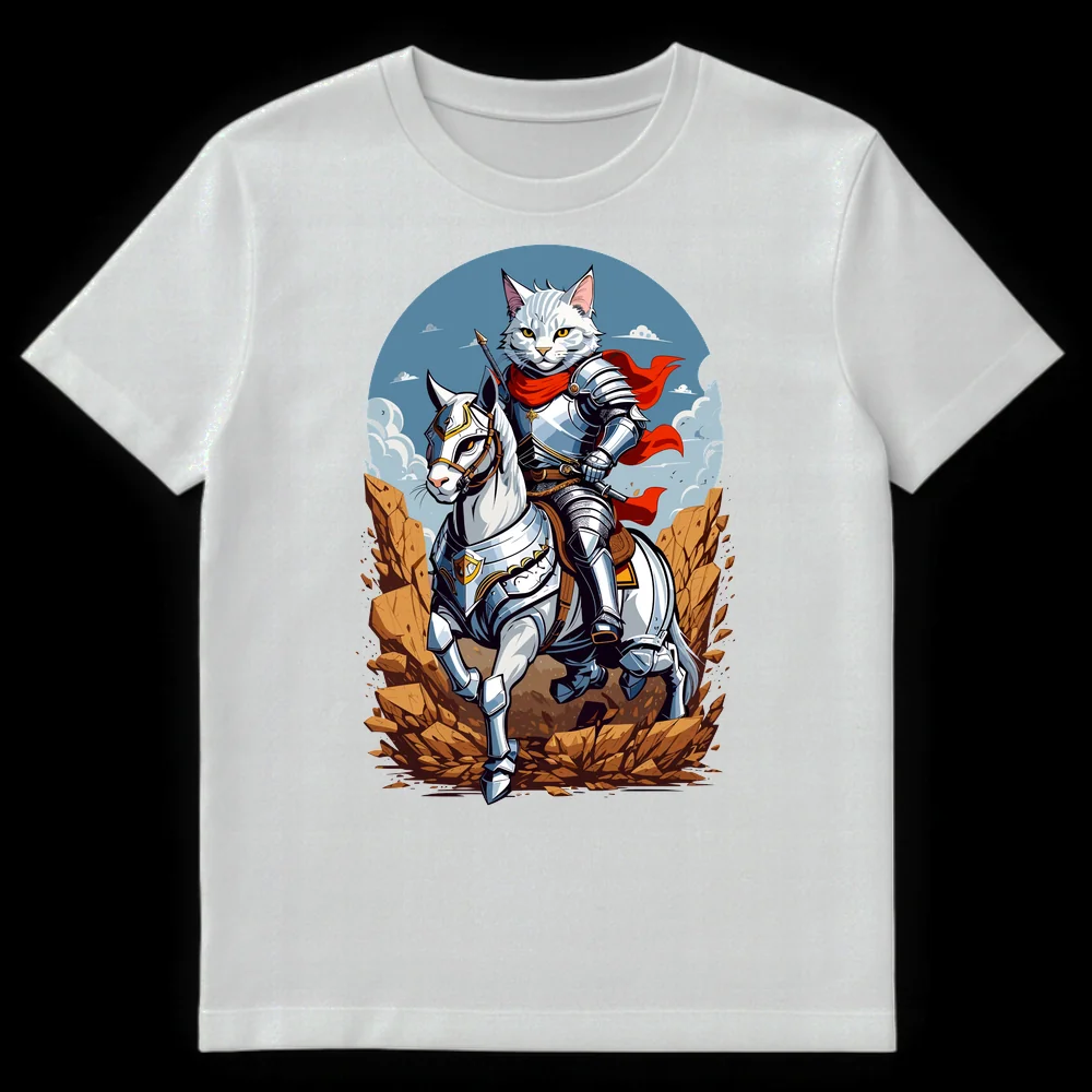 White anthropomorphic cat knight in silver armor with a red cape, riding a white horse in armor, against a rocky fantasy landscape. on White t-shirt