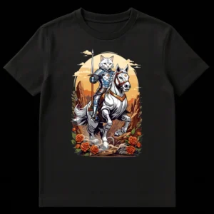Detailed digital art t-shirt design of a white cat knight in blue and gold armor riding a white warhorse through a fantasy landscape with orange roses. on Black t-shirt