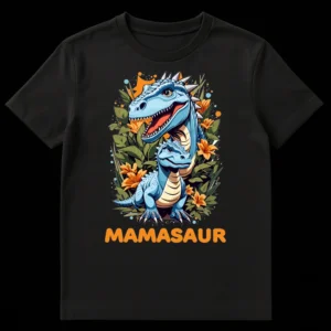 Mamasaur t-shirt featuring a blue mama dinosaur and baby with jungle leaves and orange flowers on a black background. on Black t-shirt