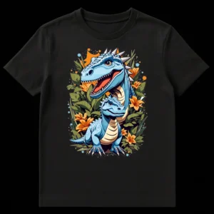 Blue Dinosaur Family Bond T-Shirt with adult and baby dinosaurs in a jungle setting with orange flowers on Black t-shirt
